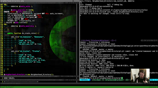 A remote development session showing source code, terminal output, and a video call.